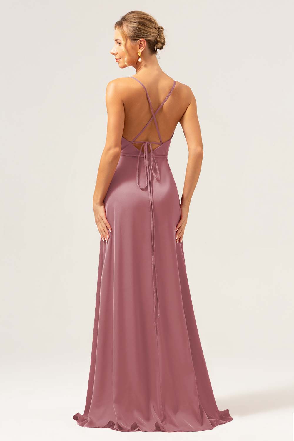 Martini Spaghetti Straps Swing Collar Long Bridesmaid Dress with Slit