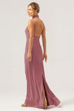 Halter Sheath Dark Green Long Bridesmaid Dress with Back Slit