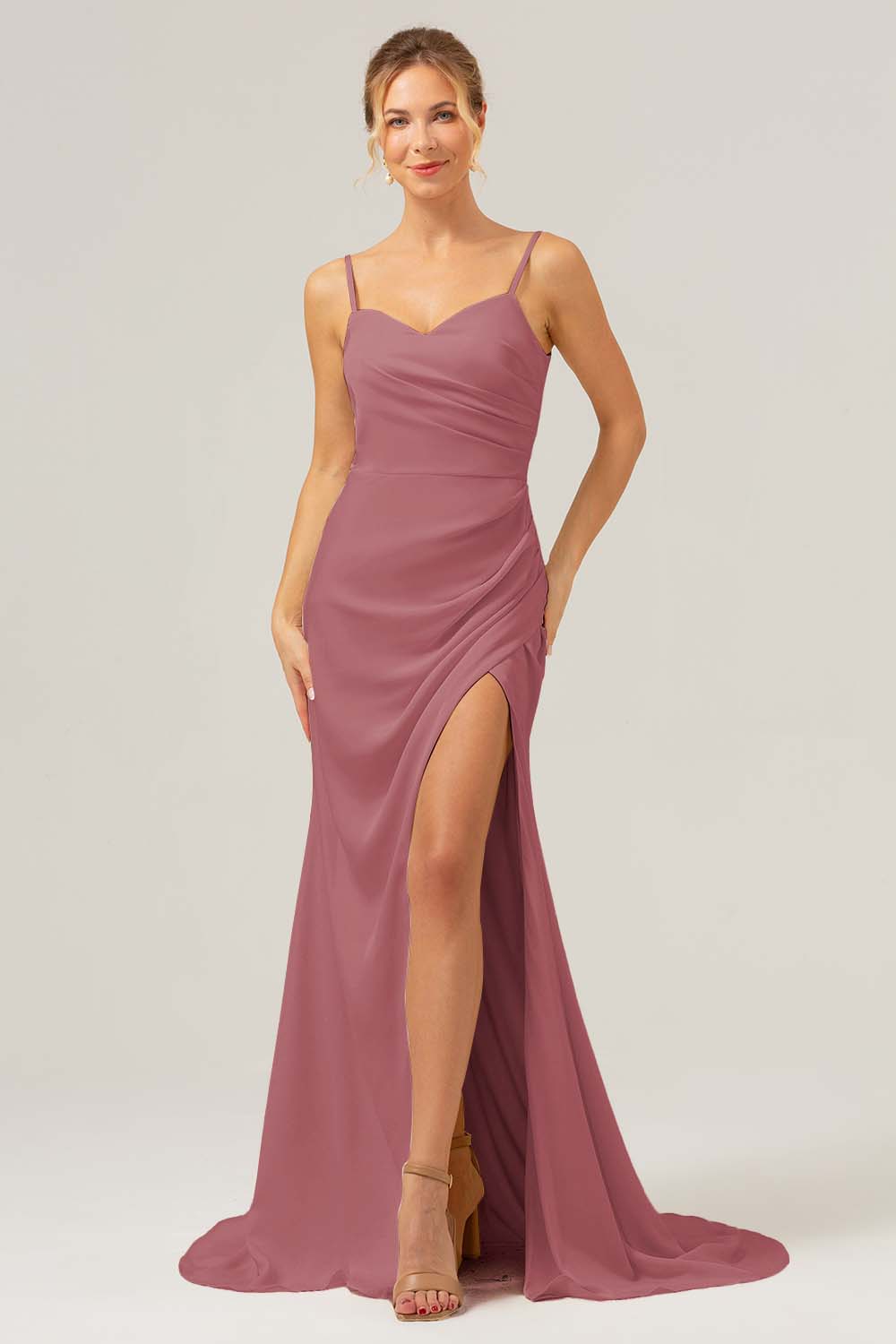 Simple Dusty Sage Spaghetti Straps Long Bridesmaid Dress with Slit