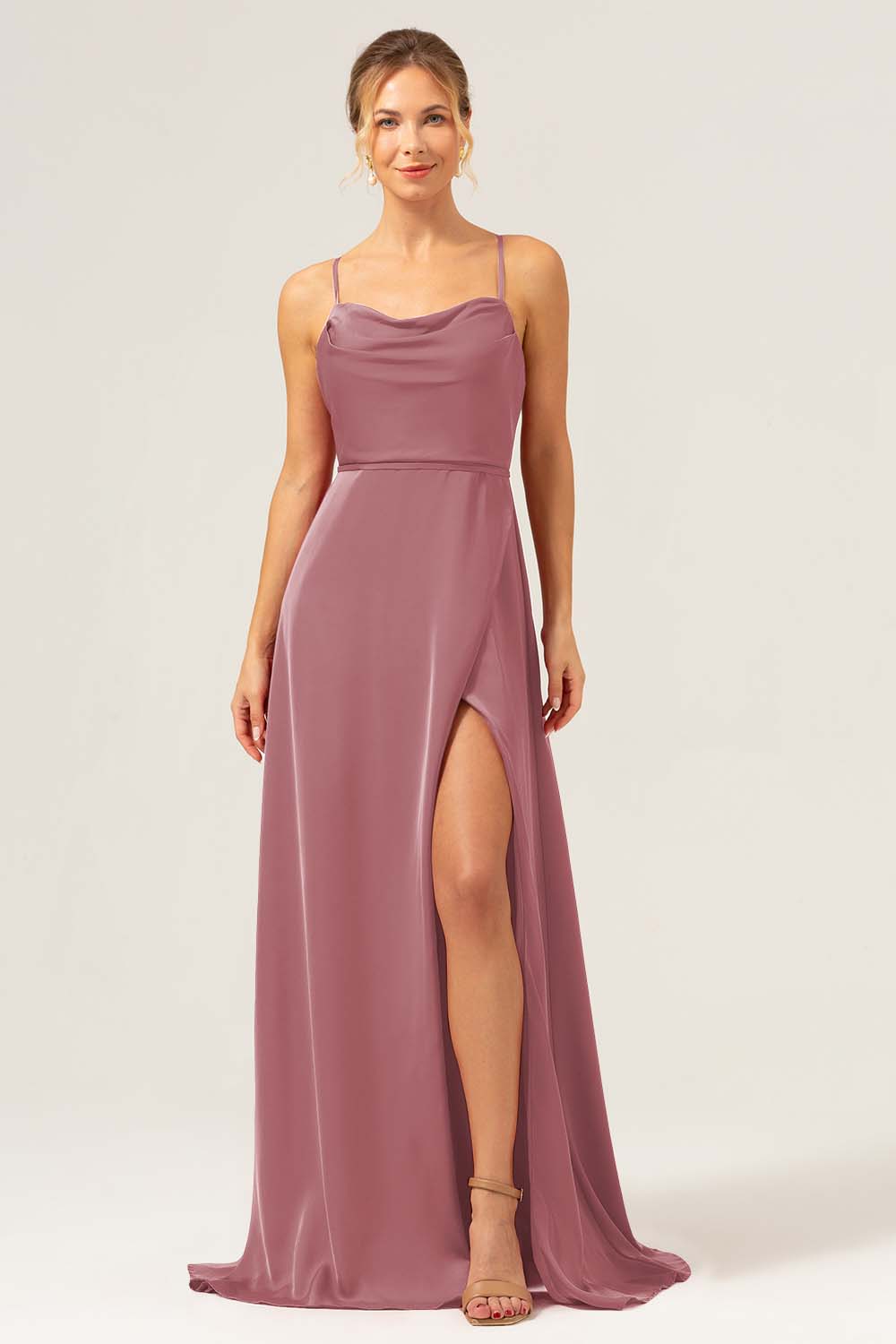 Martini Spaghetti Straps Swing Collar Long Bridesmaid Dress with Slit