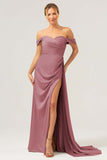 Dusty Sage Off The Shoulder Long Bridesmaid Dress with Slit