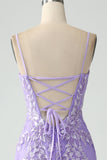 Mermaid Lilac Spaghetti Straps Long Prom Dress with Appliques