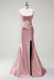 Mermaid Fuchsia Spaghetti Straps Beaded Long Prom Dress with Slit