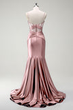 Mermaid Fuchsia Spaghetti Straps Beaded Long Prom Dress with Slit