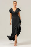 Olive V Neck Backless Sheath Wedding Guest Dress with Ruffles