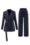 2 Pieces Peacock Blue Notched Lapel Women's Suits with Belt