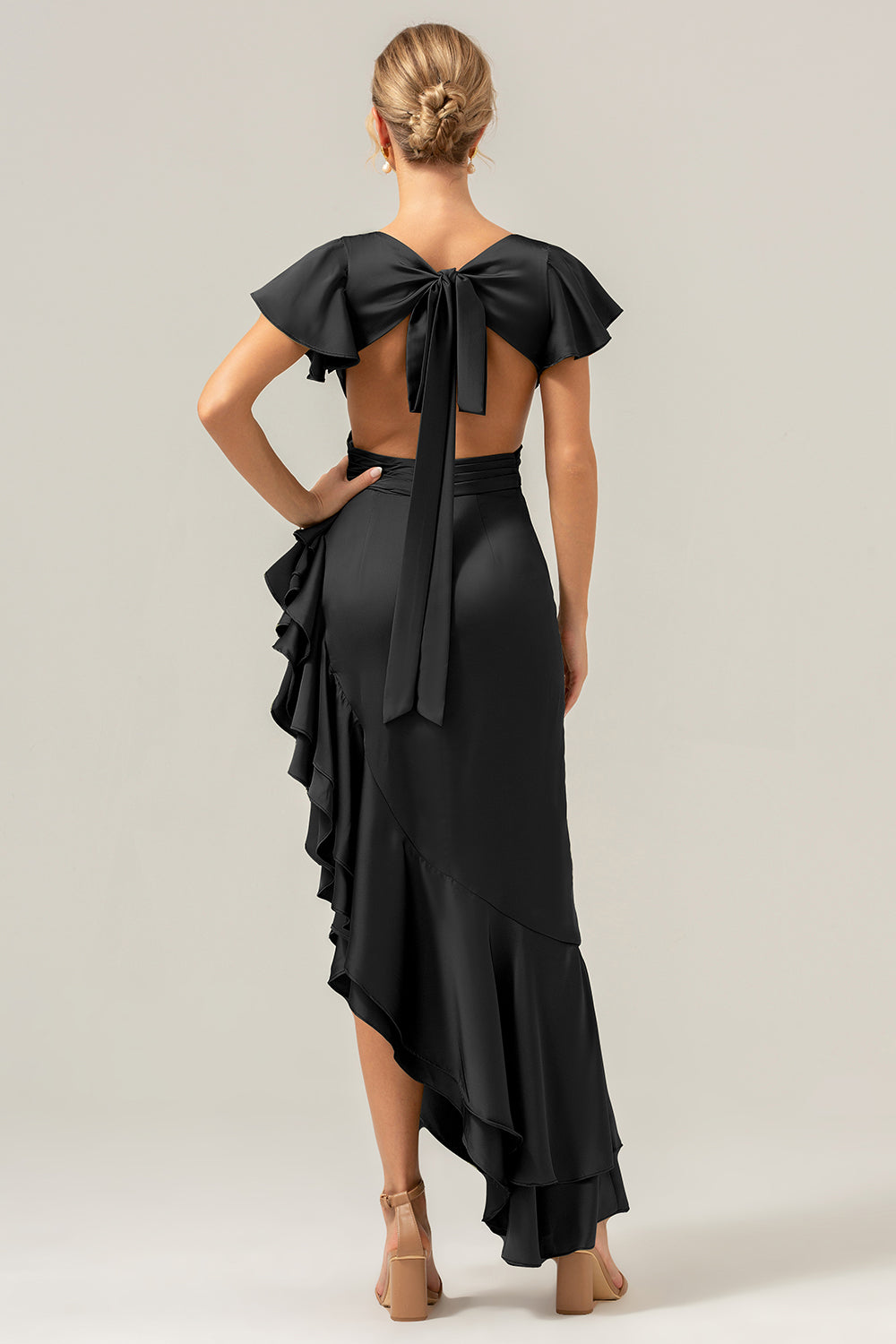 Olive V Neck Backless Sheath Wedding Guest Dress with Ruffles