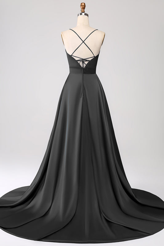Black A Line Spaghetti Straps Satin Prom Dress with Slit