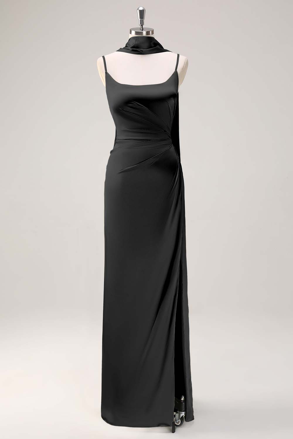 Sage Sheath Spaghetti Straps Satin Long Bridesmaid Dress with Slit