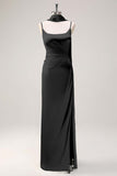 Sage Sheath Spaghetti Straps Satin Long Bridesmaid Dress with Slit