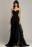 Black Sweetheart Ruffled Formal Dress Ruched Black Tie Dress Strapless Mermaid Evening Dress