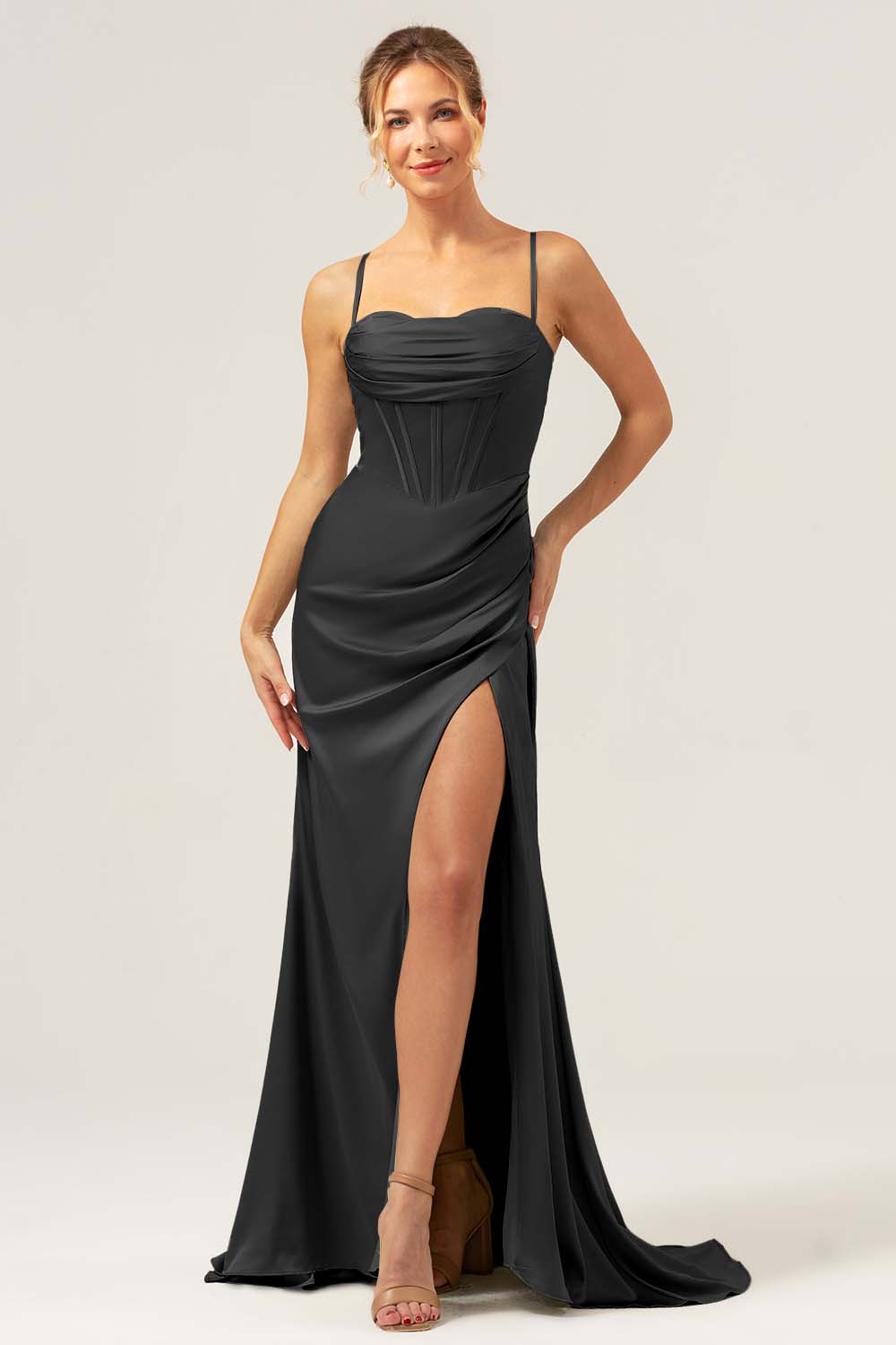 Spaghetti Straps Agave Corset Long Bridesmaid Dress with Slit