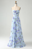 Blue Floral A Line Sweetheart Strapless Print Pleated Long Wedding Guest Dress