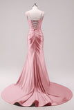 Sparkly Fuchsia Corset Satin Long Prom Dress with Slit