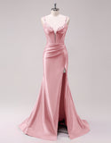 Sparkly Fuchsia Corset Satin Long Prom Dress with Slit