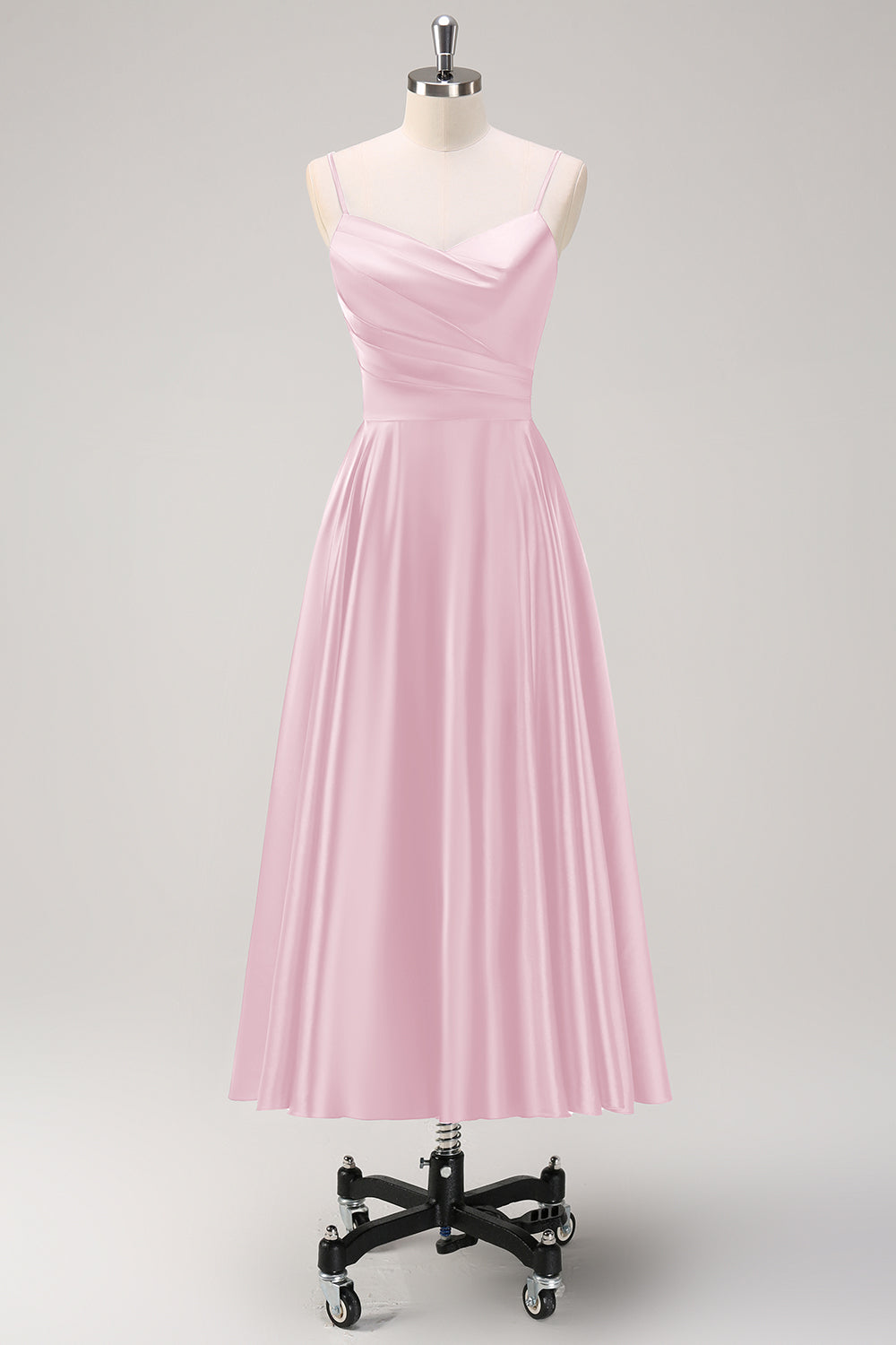 Blush Pink A-Line Ruched Spaghetti Straps Tea Length Bridesmaid Dress