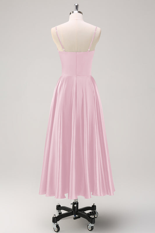 Blush Pink A-Line Ruched Spaghetti Straps Tea Length Bridesmaid Dress