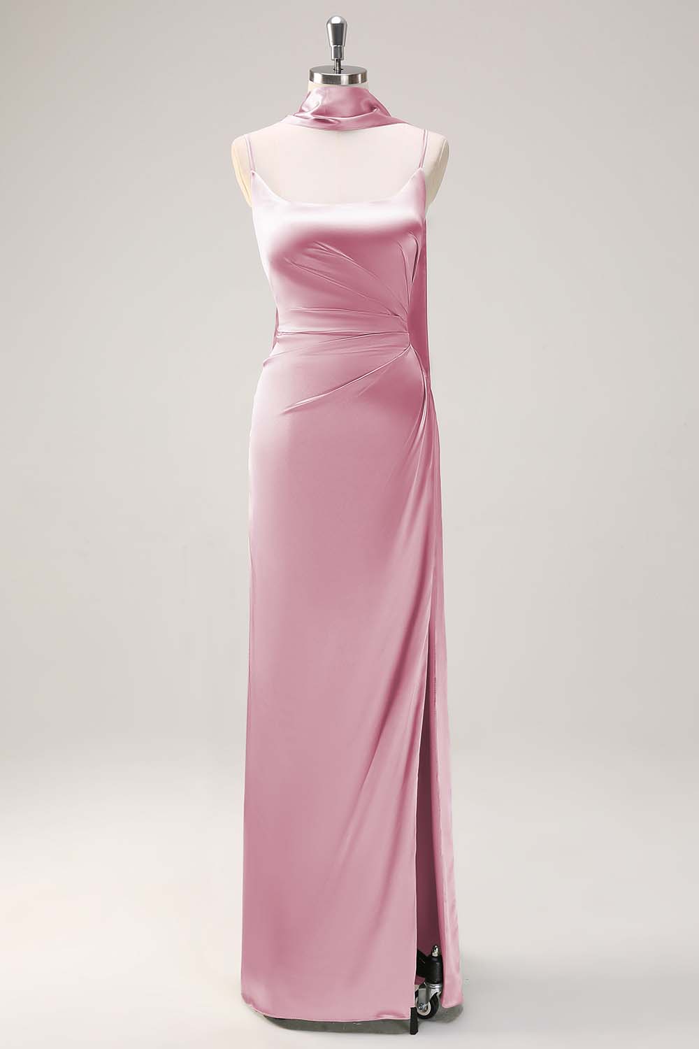 Sage Sheath Spaghetti Straps Satin Long Bridesmaid Dress with Slit