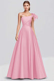 Fuchsia A-Line One Shoulder Bow Satin Long Formal Dress