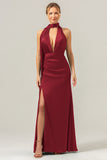 Peacock Sheath V-Neck Backless Long Bridesmaid Dress with Slit