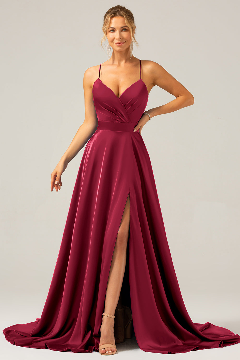 A Line Spaghetti Straps Dusty Rose Satin Prom Dress with Slit