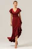 Olive V Neck Backless Sheath Wedding Guest Dress with Ruffles