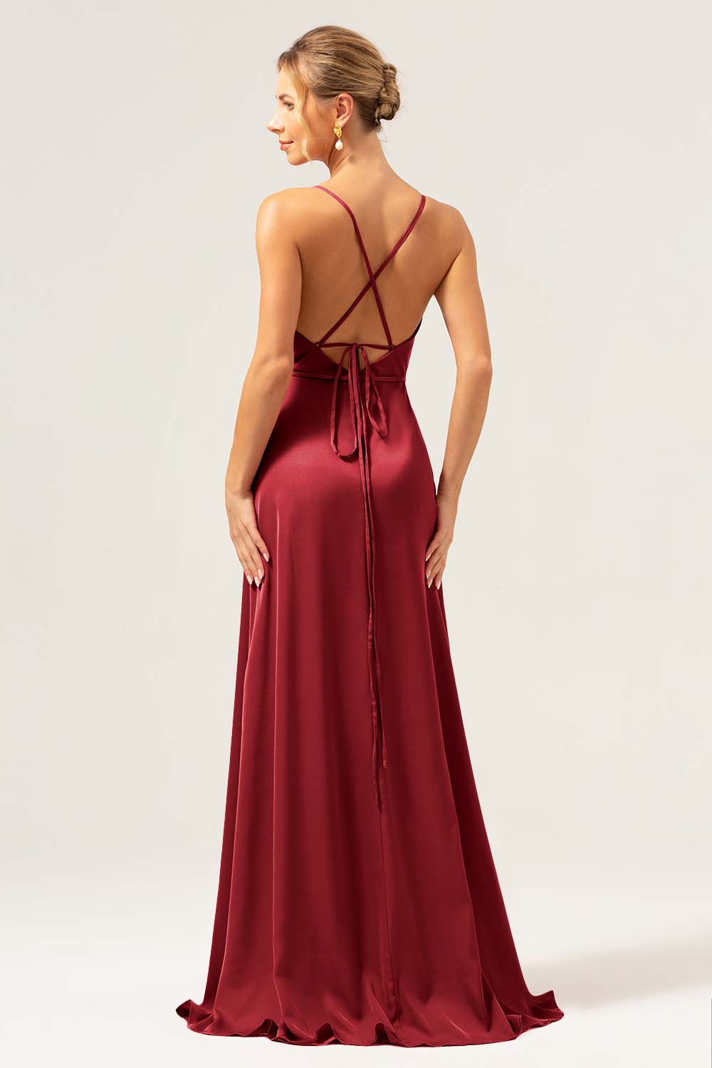 Martini Spaghetti Straps Swing Collar Long Bridesmaid Dress with Slit