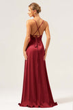 Martini Spaghetti Straps Swing Collar Long Bridesmaid Dress with Slit