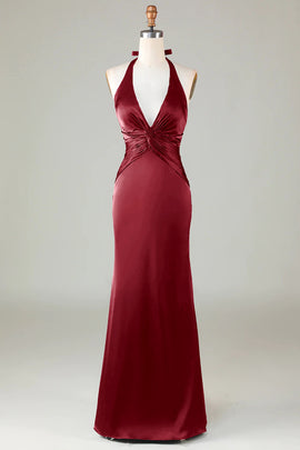 Burgundy Mermaid Halter Long Satin Bridesmaid Dress