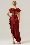 Olive V Neck Backless Sheath Wedding Guest Dress with Ruffles