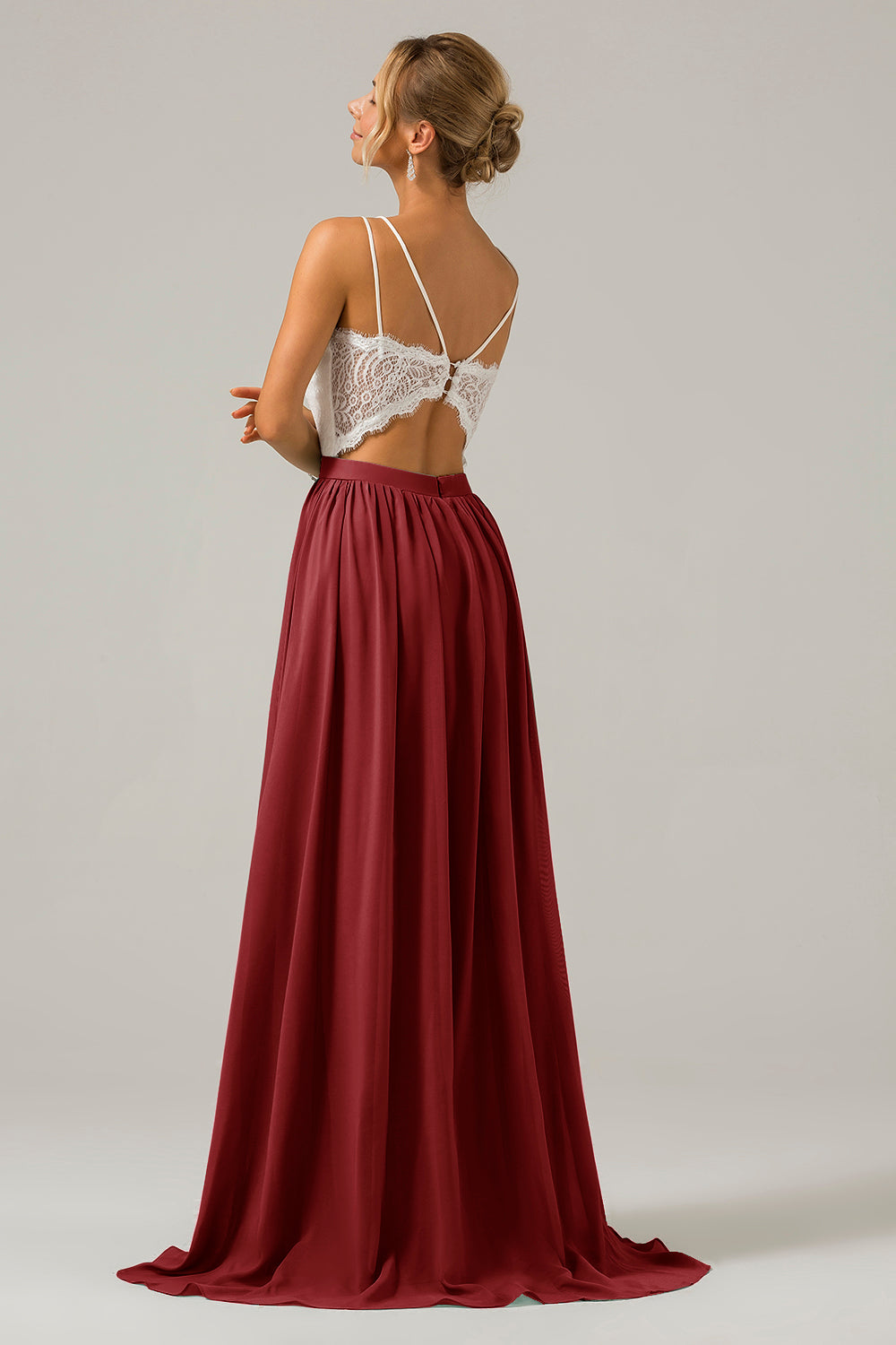 Eucalyptus Open Back Boho Chiffon Long Bridesmaid Dress with Lace