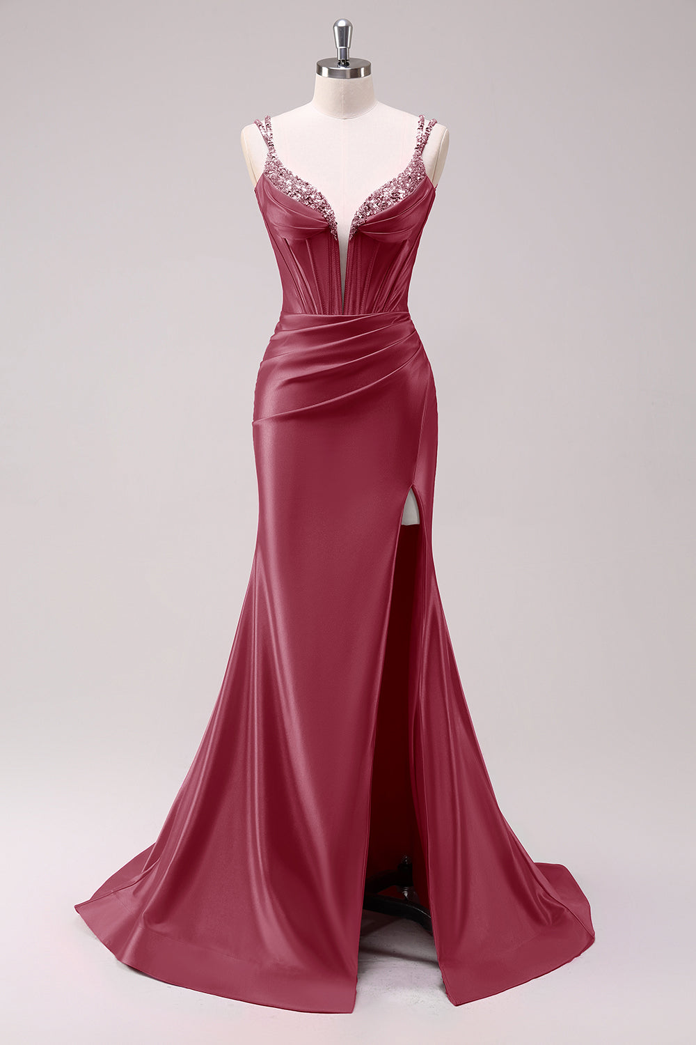 Sparkly Fuchsia Corset Satin Long Prom Dress with Slit