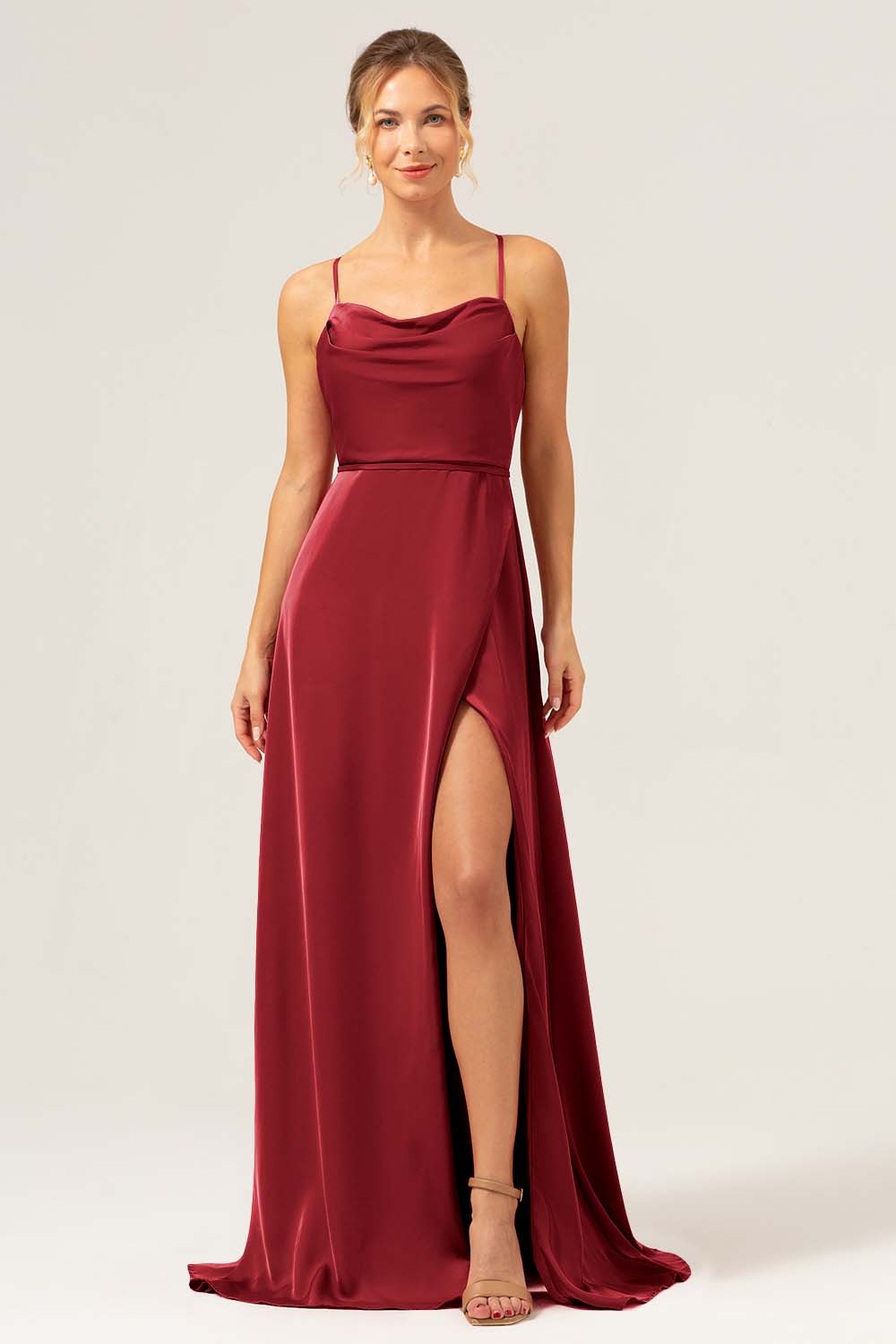 Martini Spaghetti Straps Swing Collar Long Bridesmaid Dress with Slit