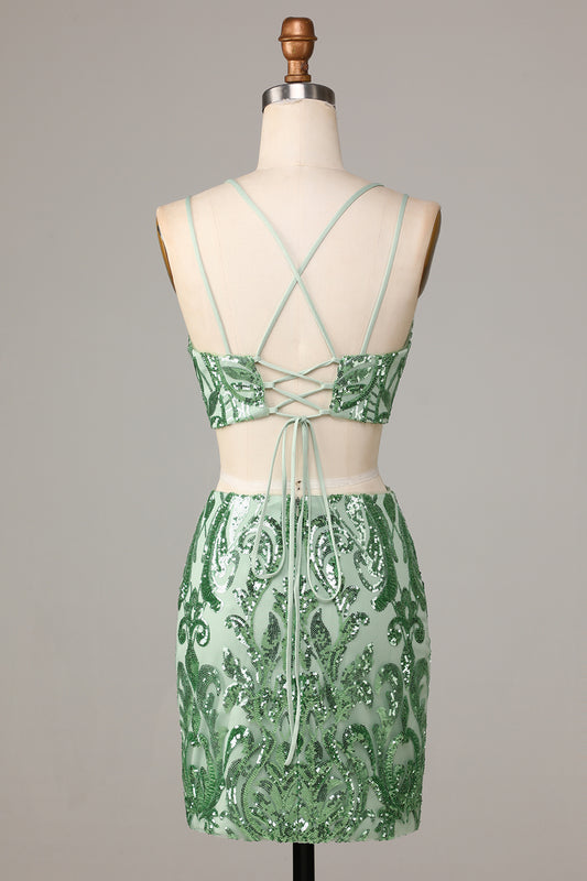 Two-Piece Spaghetti Straps Green Sequins Short Homecoming Dress