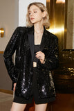 Sparkly Black Sequins Longline Oversized Prom Blazer For Women