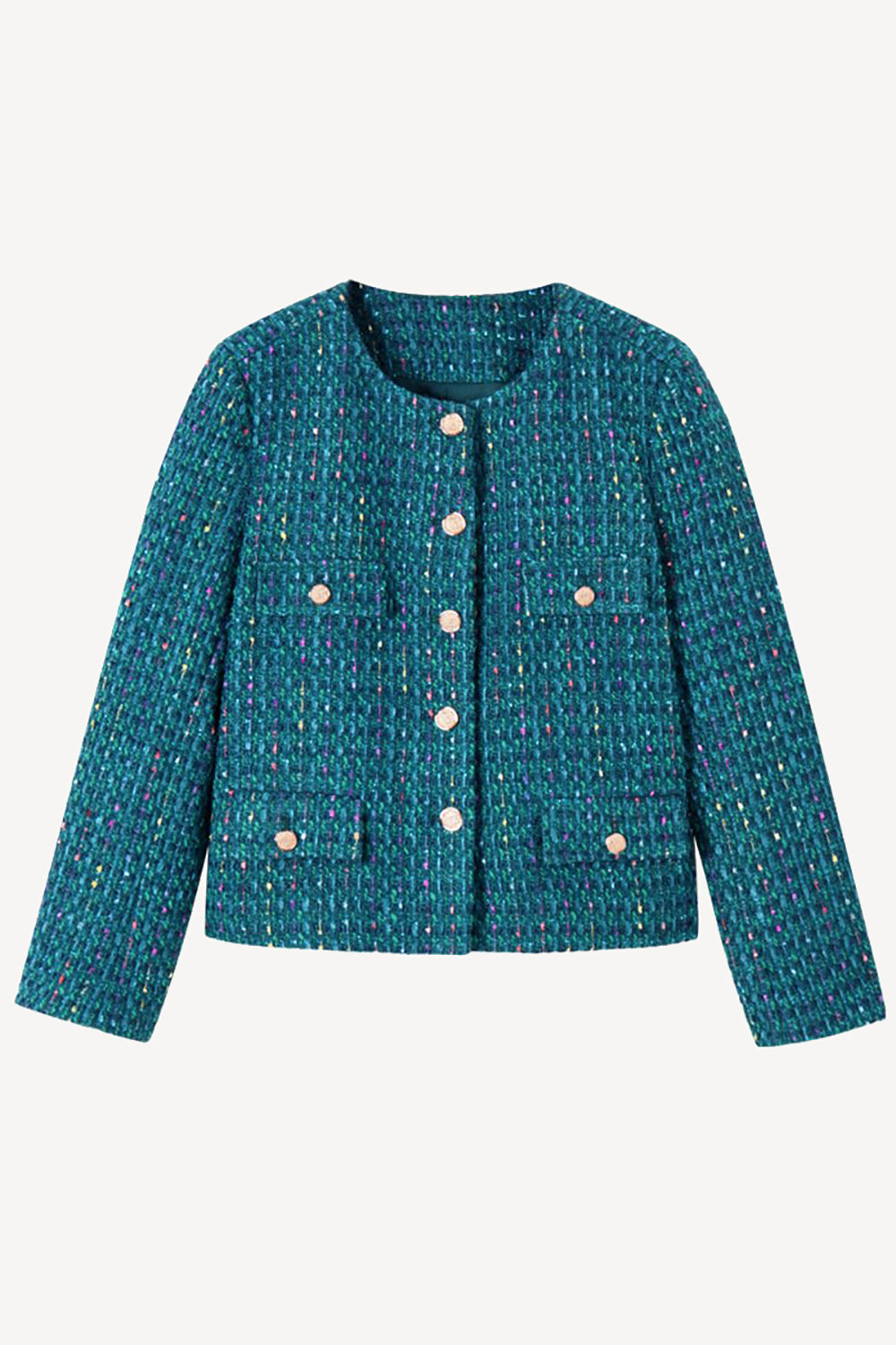 Dark Blue Tweed Open Front Women Jacket