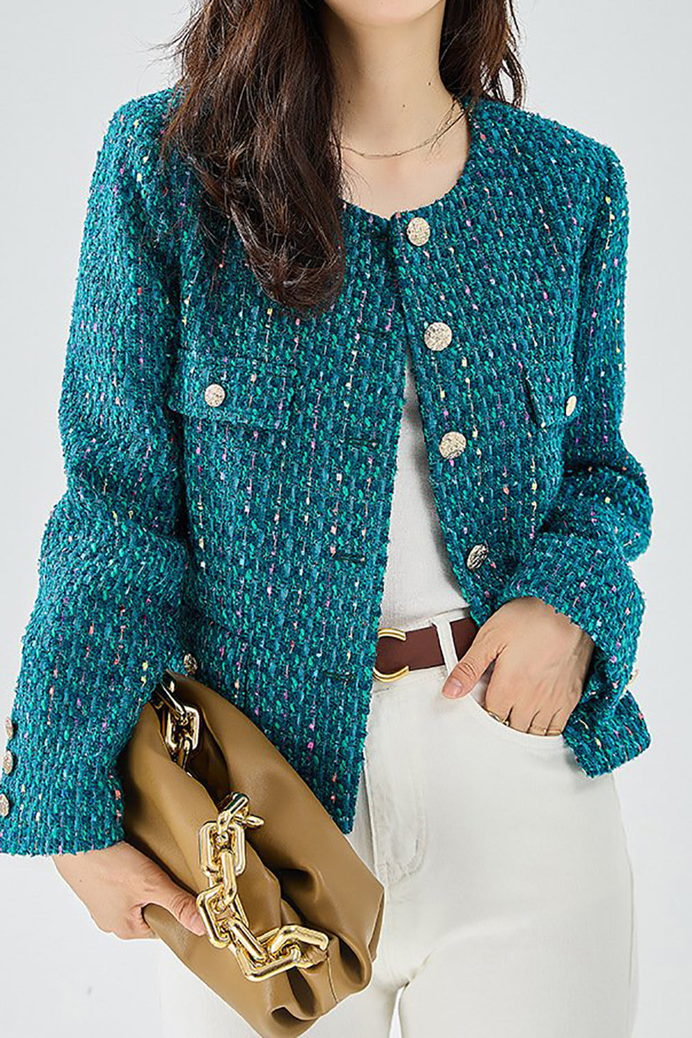 Dark Blue Tweed Open Front Women Jacket