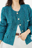 Dark Blue Tweed Open Front Women Jacket