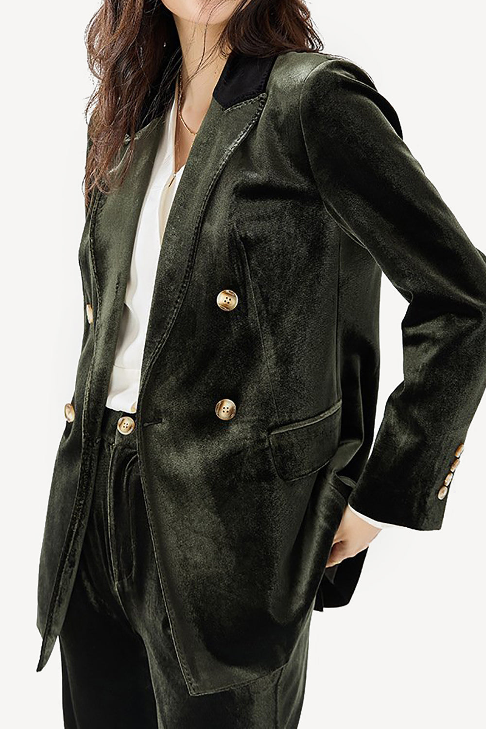 Dark Green Velvet Double Breasted Women Blazer