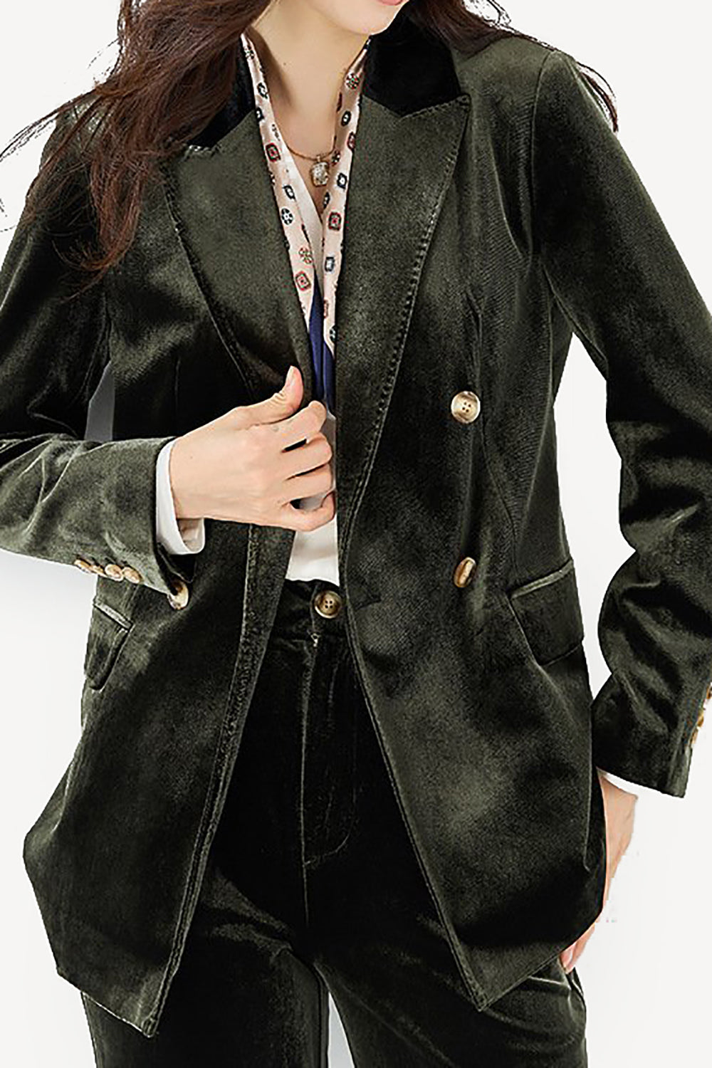 Dark Green Velvet Double Breasted Women Blazer