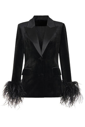 Black Velvet Peak Lapel Women Coat with Feathers