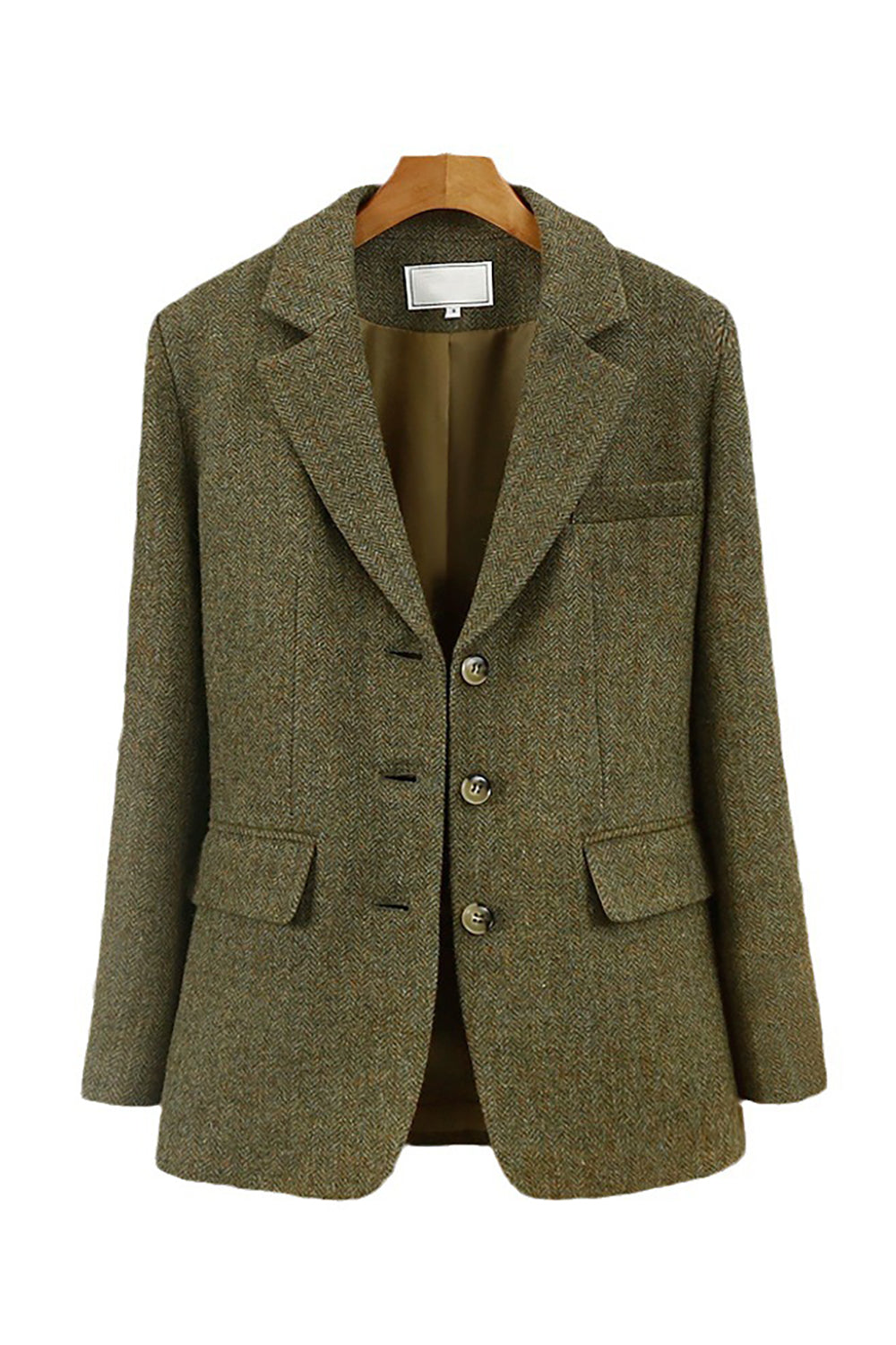 Green Notched Lapel Tweed Women Blazer