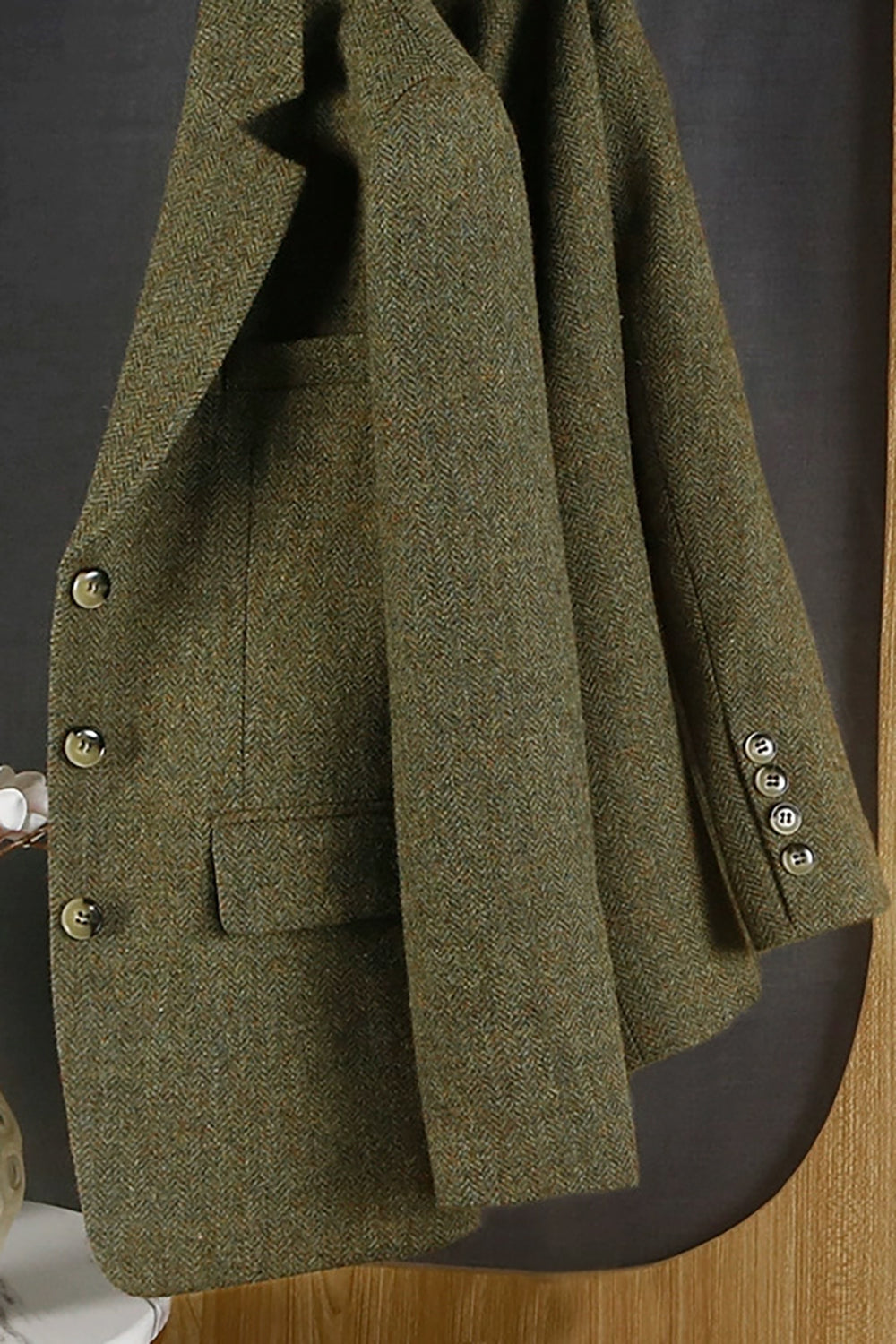 Green Notched Lapel Tweed Women Blazer