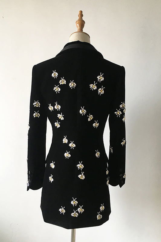 Sparkly Black Velvet Beaded Bees Women Blazer