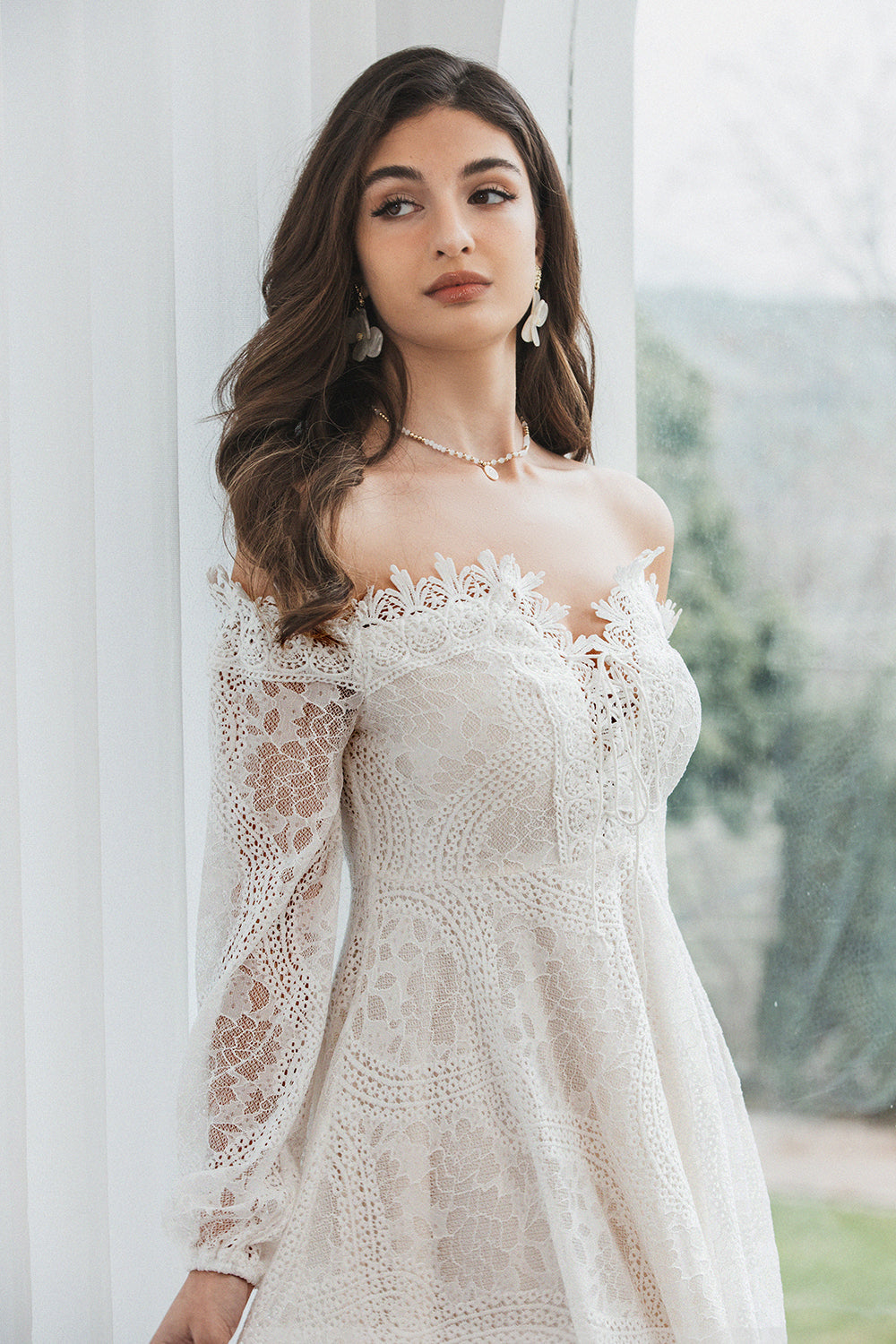 Off the Shoulder Lace Little White Dress with Long Sleeves