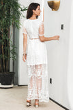 White Maxi Batwing Sleeves Formal Party Dress with Lace