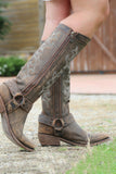 Blue Embroidered Cowgirl Boho Mid Calf Boots