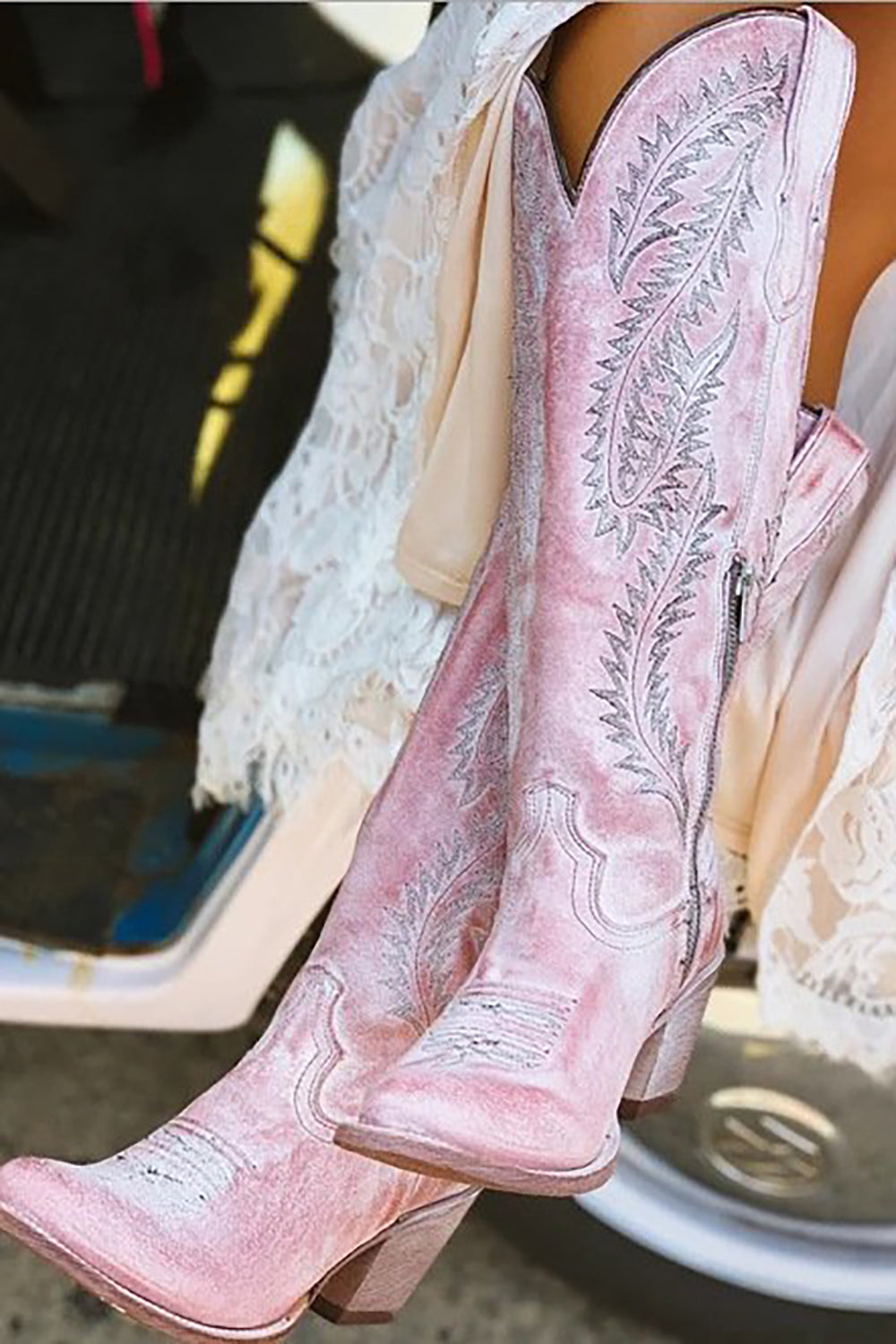 Dusty Rose Embroidered Mid Calf Cowgirl Boho Boots