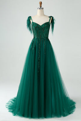 Dark Green A-Line Spaghetti Straps Tulle Long Prom Dress with Beading