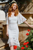 White Mermaid Lace Midi Dress With Half Sleeves